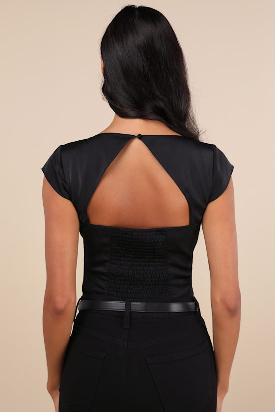 Sophisticated Intention Black Satin Cutout Cap Sleeve Bodysuit 3