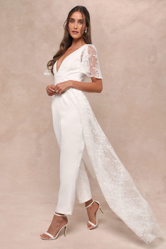 Lulus Immaculate Love White Mesh Embroidered Cape Jumpsuit In White