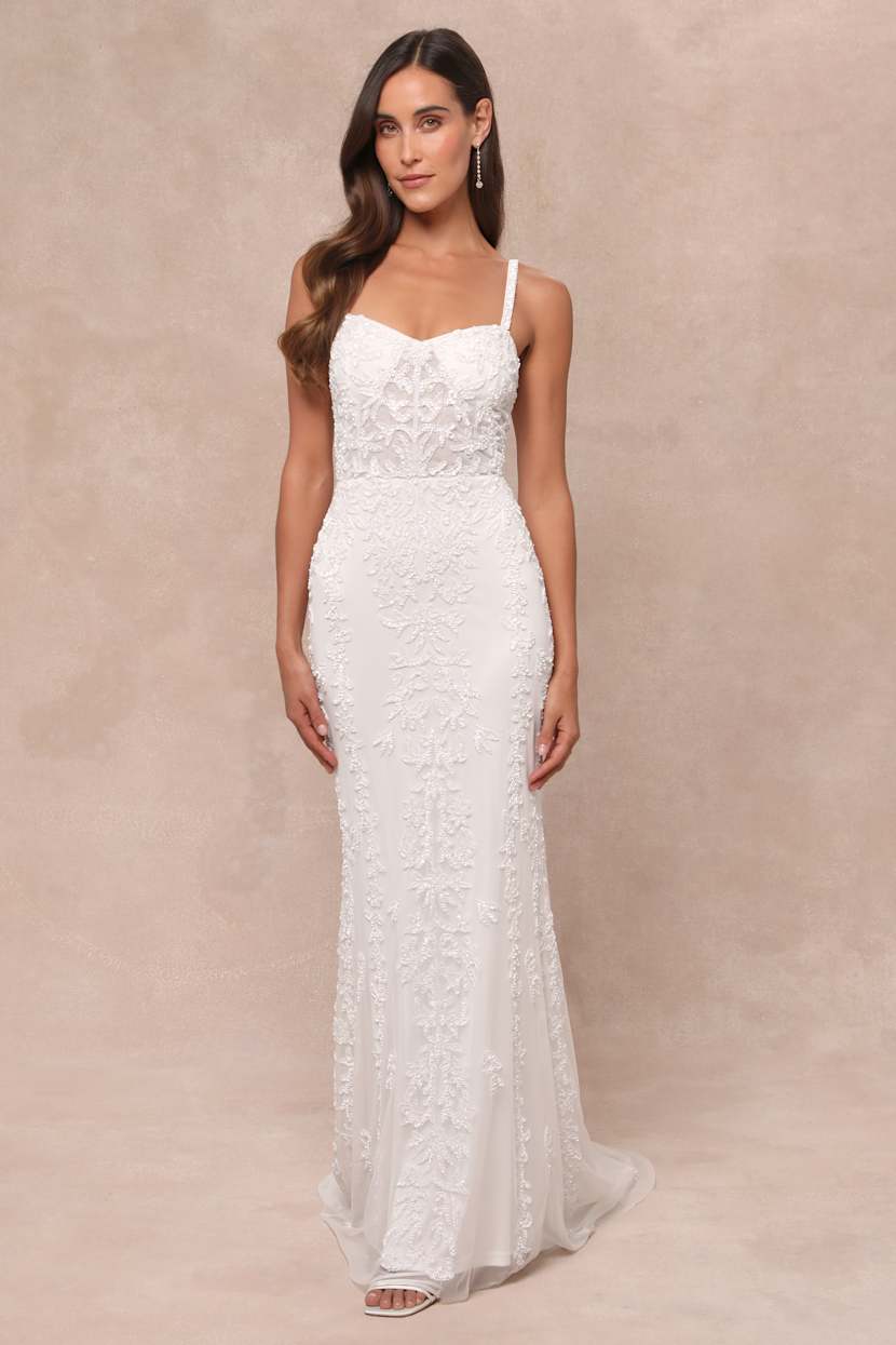 Momentous Love White Beaded Bustier Mesh Mermaid Maxi Dress