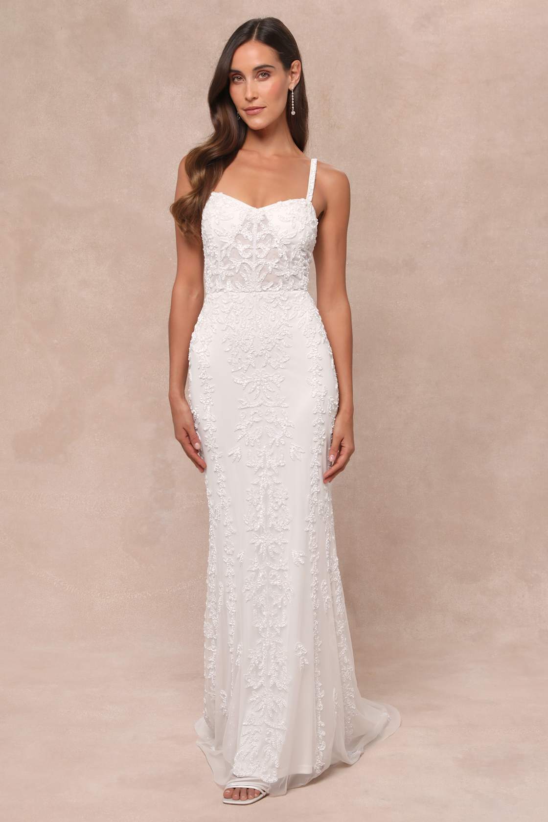 Momentous Love White Beaded Bustier Mesh Mermaid Maxi Dress