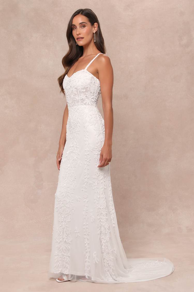 Momentous Love White Beaded Bustier Mesh Mermaid Maxi Dress
