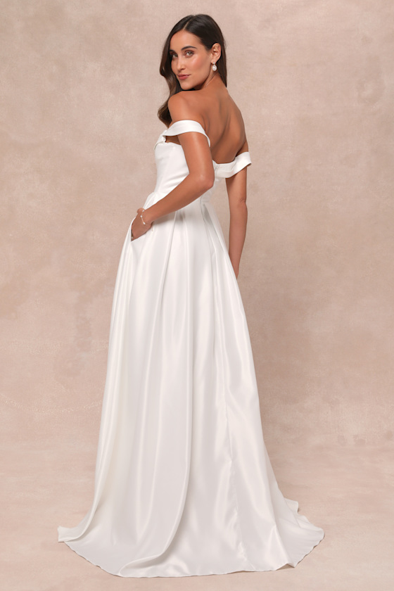 Lulus Extraordinary Vow White Off-the-shoulder Maxi Dress With Pockets In White