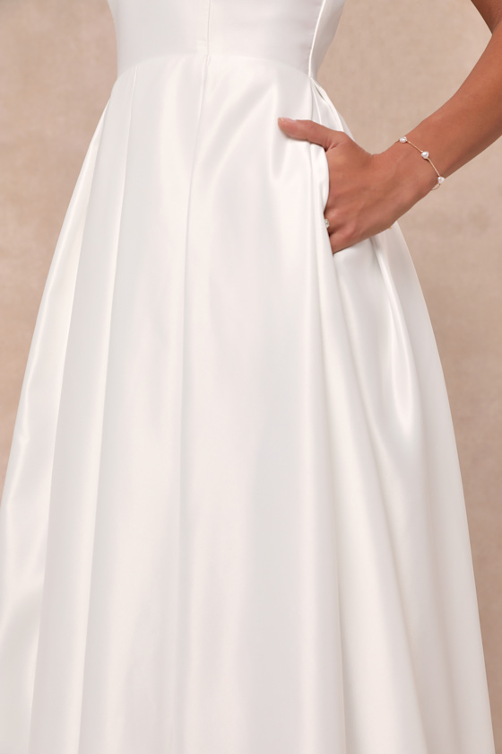 Lulus Extraordinary Vow White Off-the-shoulder Maxi Dress With Pockets In White