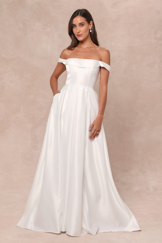 Lulus Extraordinary Vow White Off-the-shoulder Maxi Dress With Pockets In White