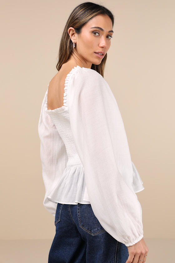 Feeling Angelic Ivory Balloon Sleeve Smocked Peplum Top