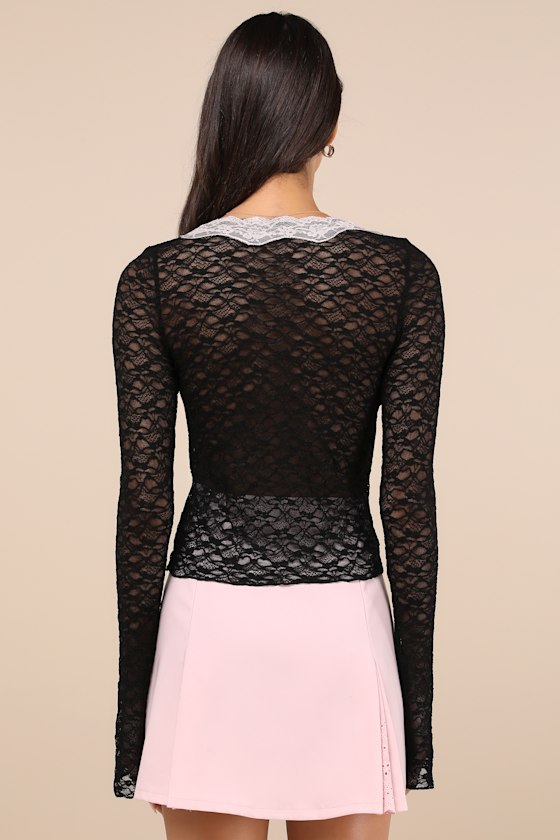 Chantal Black and Pink Sheer Lace Long Sleeve Top 2