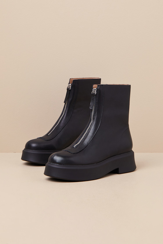 Jones Black Leather Zip-Front Platform Ankle Boots 1