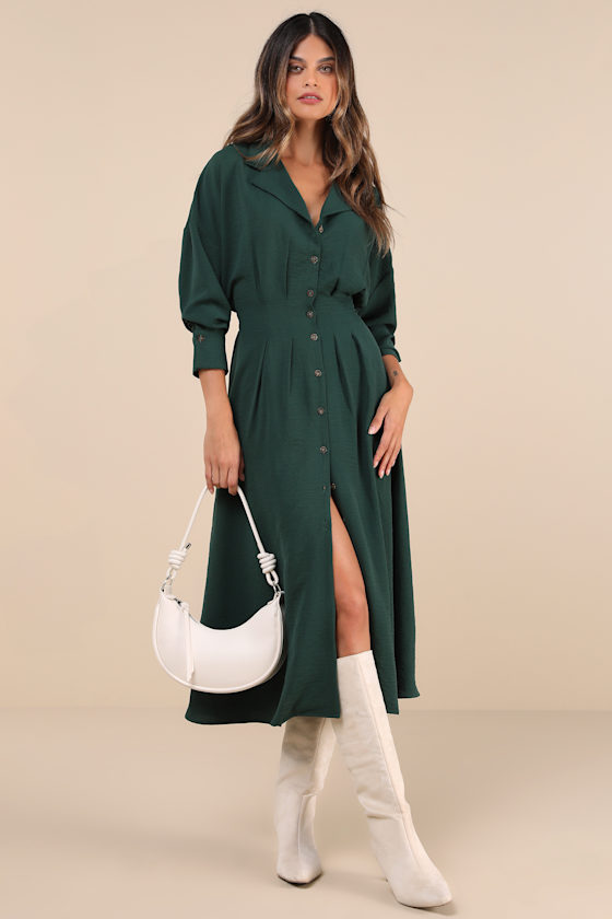 Lulus Timeless Class Dark Green Collared Button-up Pleated Midi Dress In Dark Green