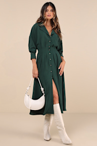 Timeless Class Dark Green Collared Button-Up Pleated Midi Dress 3