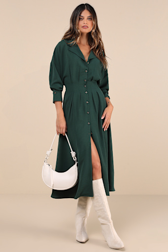 Timeless Class Dark Green Collared Button-Up Pleated Midi Dress 3