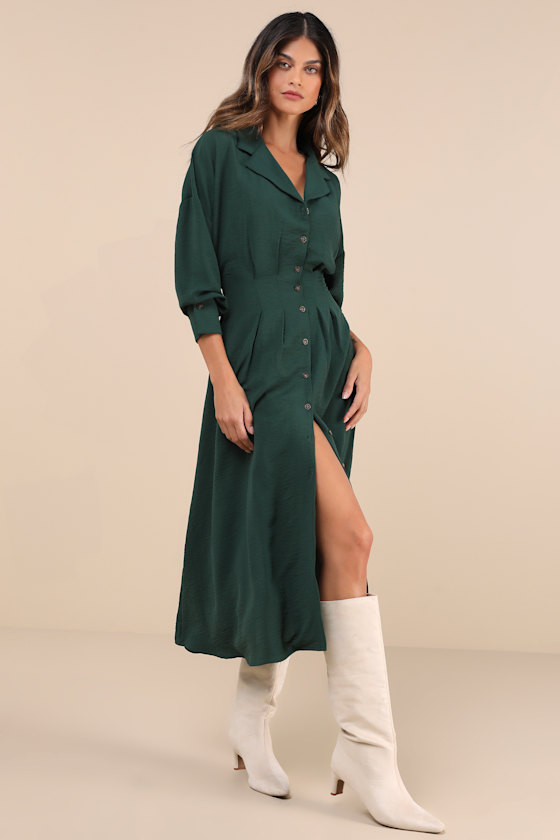 Lulus Timeless Class Dark Green Collared Button-up Pleated Midi Dress In Dark Green