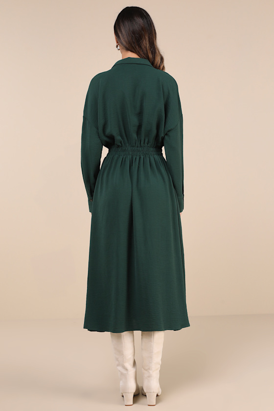 Lulus Timeless Class Dark Green Collared Button-up Pleated Midi Dress In Dark Green