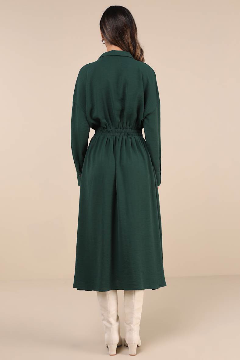 Timeless Class Dark Green Collared Button-Up Pleated Midi Dress