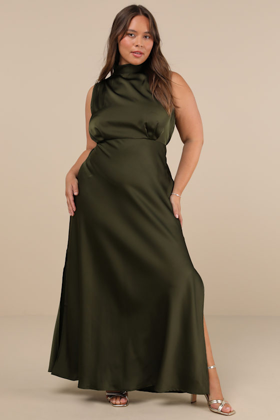 Classic Elegance Olive Satin Sleeveless Mock Neck Maxi Dress - thumbnail 3