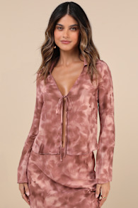 Ethereal Aesthetic Mauve Abstract Tie-Front Long Sleeve Top 2