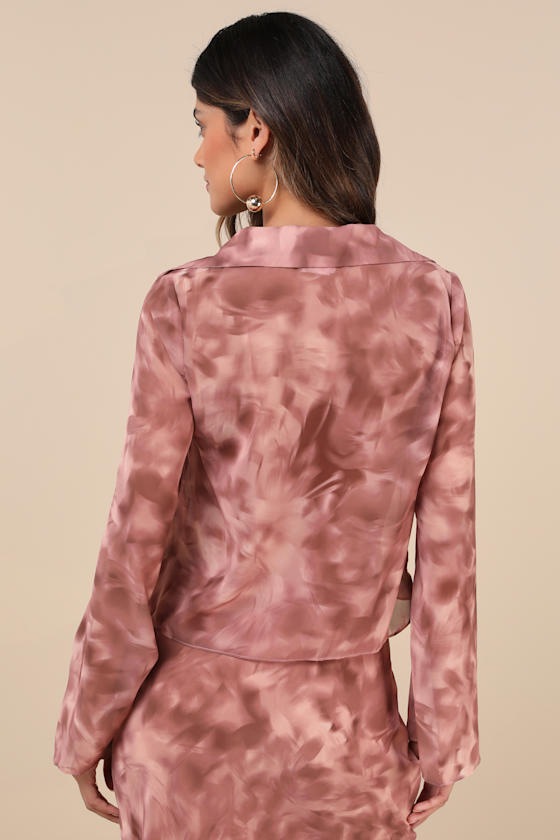 Glamorous Ethereal Aesthetic Mauve Abstract Tie-front Long Sleeve Top In Mauve