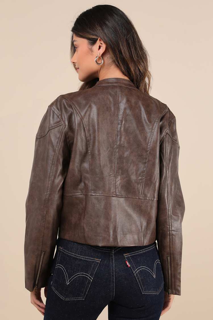Rebel Brown Vegan Leather Cropped Moto Jacket