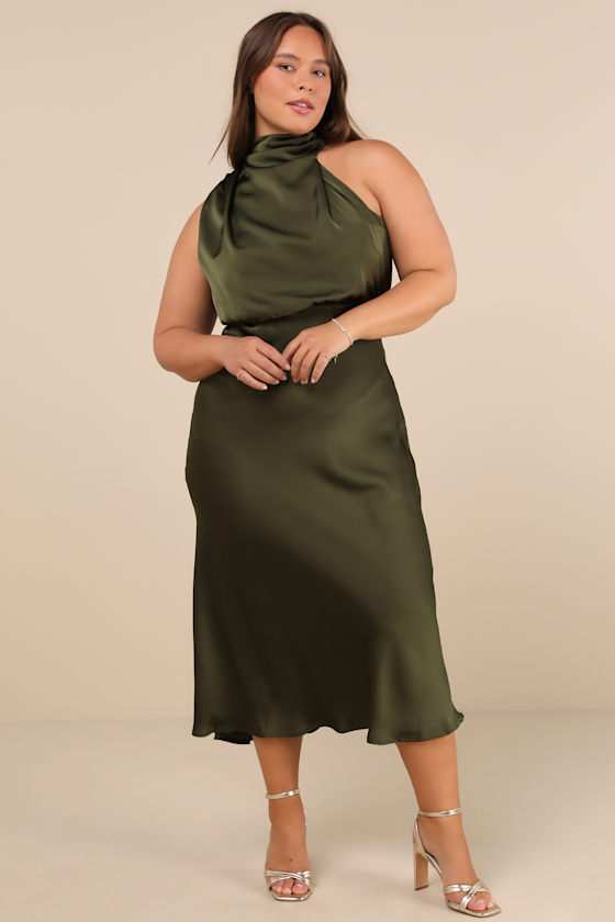 Distinctive Charm Olive Green Satin Asymmetrical Midi Dress - thumbnail 5