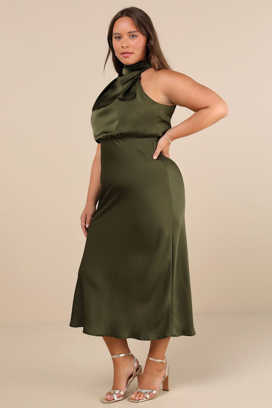 Distinctive Charm Olive Green Satin Asymmetrical Midi Dress - thumbnail 6