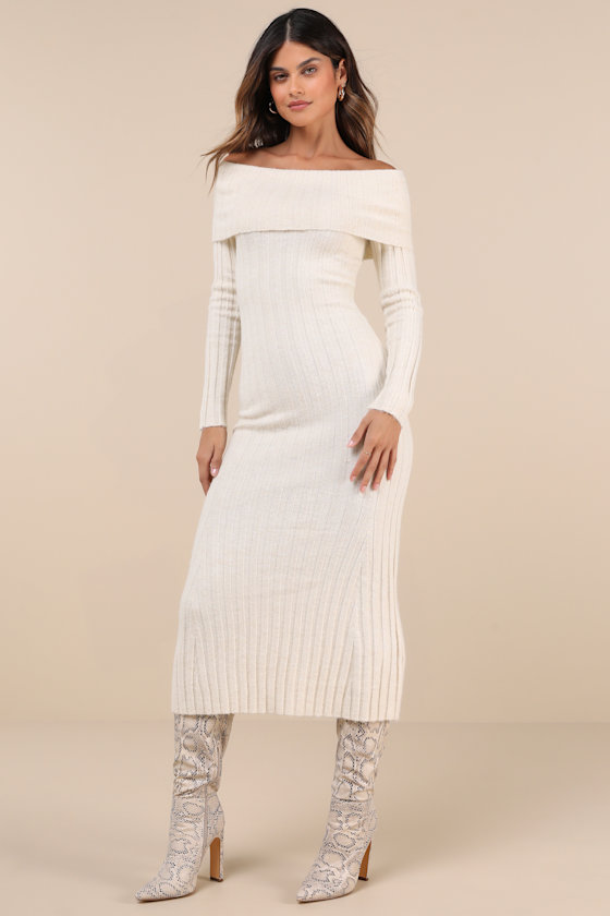 Snuggly Aura Cream Ribbed Off-the-Shoulder Sweater Maxi Dress 3