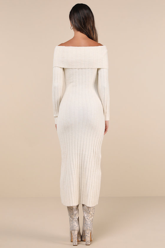 Glamorous Snuggly Aura Cream Ribbed Off-the-shoulder Sweater Maxi Dress In White