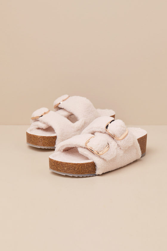 MIA Qianna - Natural Shearling Slide Sandals - Buckle Slides - Lulus