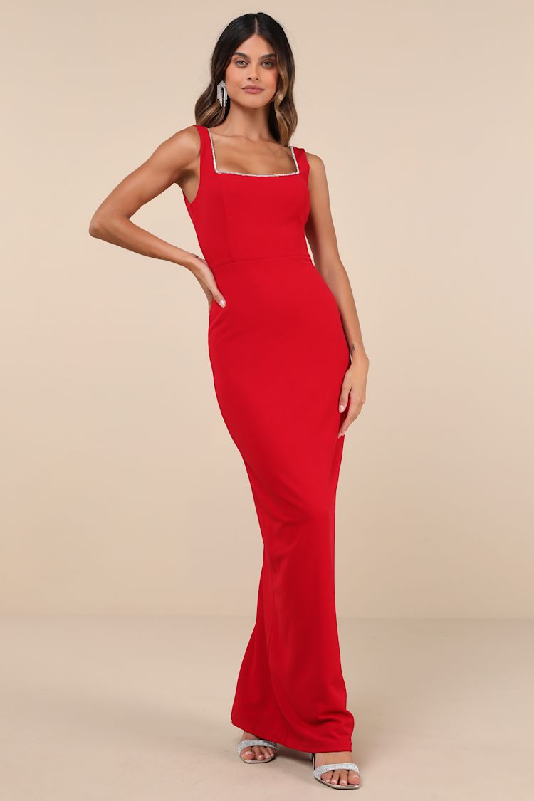 Red Maxi Dress - Rhinestone-Trimmed Dress - Backless Dress
