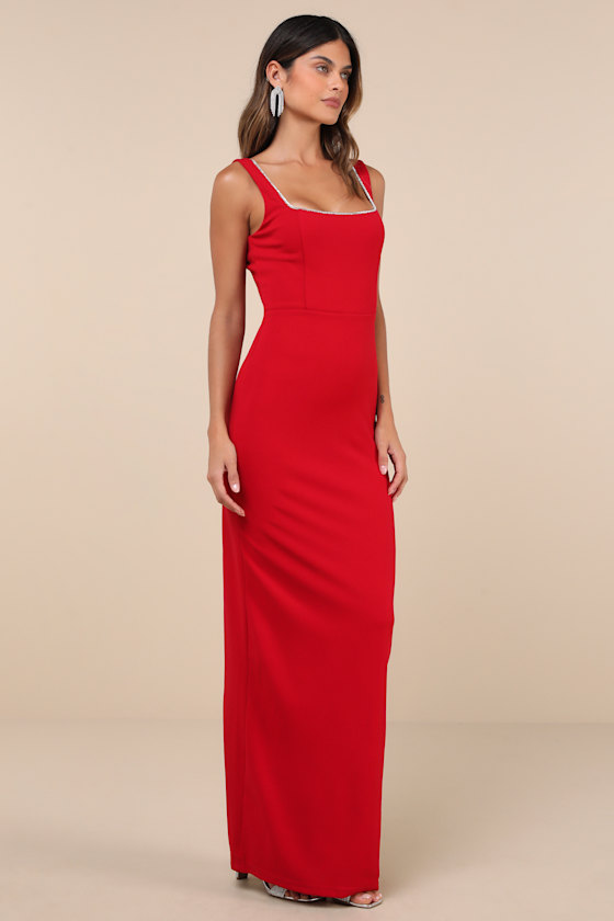 Lulus Timeless Poise Red Rhinestone Square Neck Backless Maxi Dress In Red