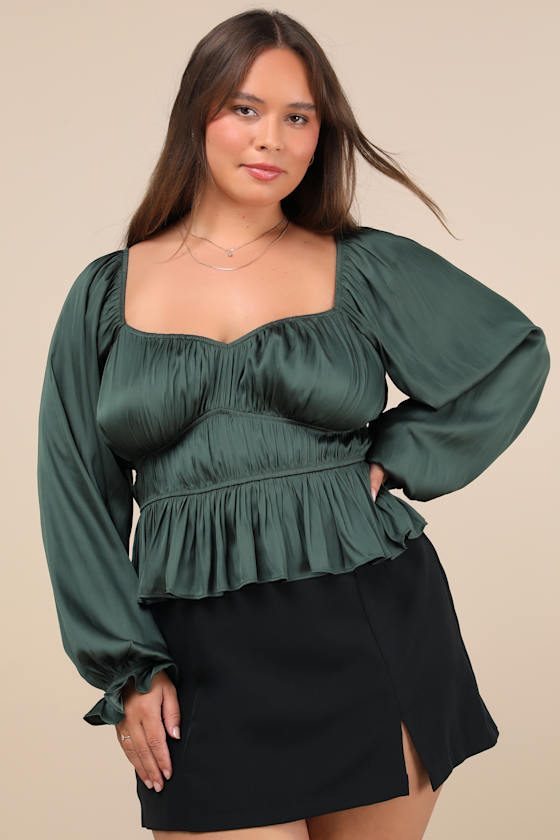 Sophisticate Dark Green Satin Ruched Long Sleeve Top - thumbnail 3