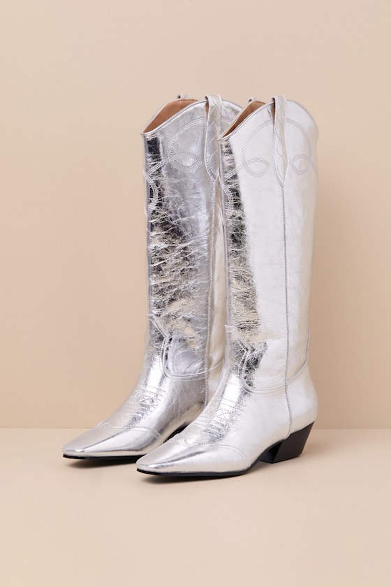 Dollie Silver Leather Knee High Western Boots 3
