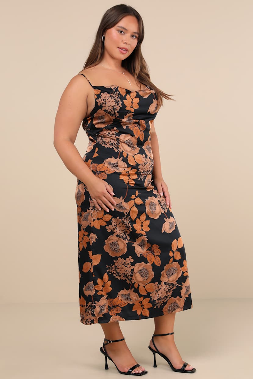 Favorite Icon Black Floral Satin Cowl Neck Slip Midi Dress
