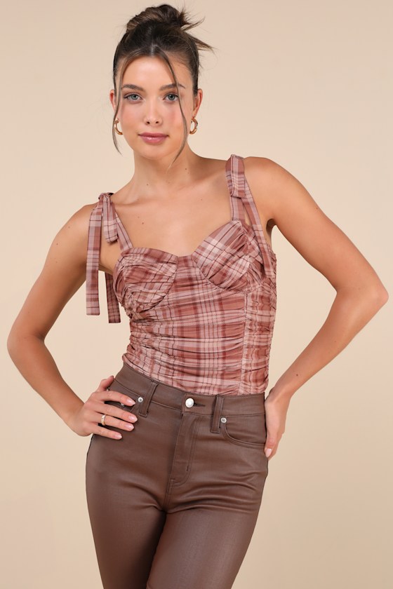 Shop Lulus Noteworthy Aesthetic Brown Plaid Ruched Tie-strap Bodysuit