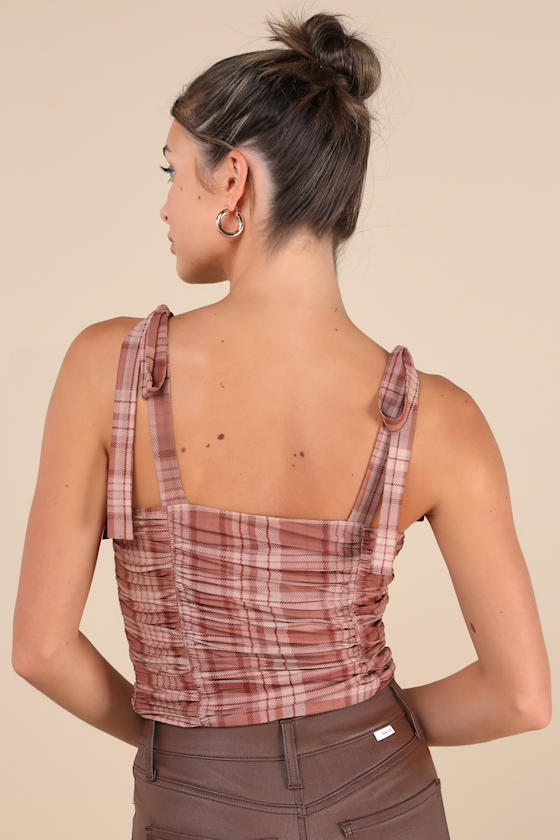 Shop Lulus Noteworthy Aesthetic Brown Plaid Ruched Tie-strap Bodysuit