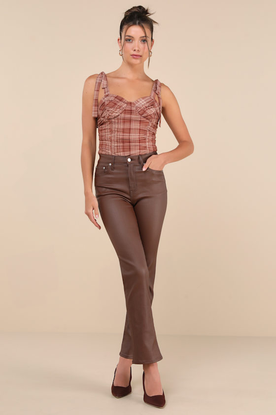 Shop Lulus Noteworthy Aesthetic Brown Plaid Ruched Tie-strap Bodysuit