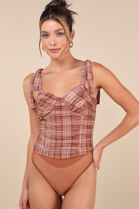 Shop Lulus Noteworthy Aesthetic Brown Plaid Ruched Tie-strap Bodysuit
