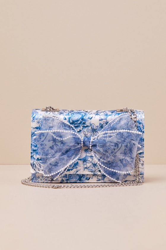 Kitsch Blue and White Floral Satin Pearl-Trimmed Bow Handbag 5