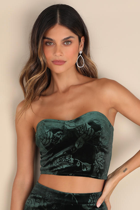 Lulus Sensational Attitude Emerald Burnout Velvet Strapless Top In Green
