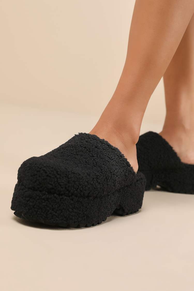 Flannerie Black Faux Fur Platform Mules