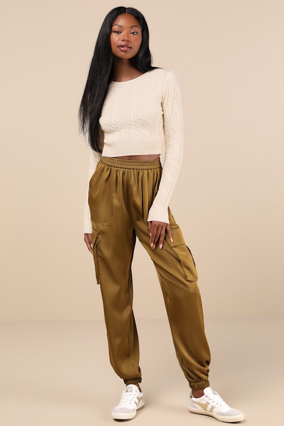 Chic Dedication Olive Green Satin High-Rise Cargo Jogger Pants 1