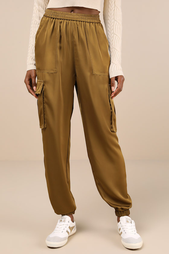 Chic Dedication Olive Green Satin High-Rise Cargo Jogger Pants 2