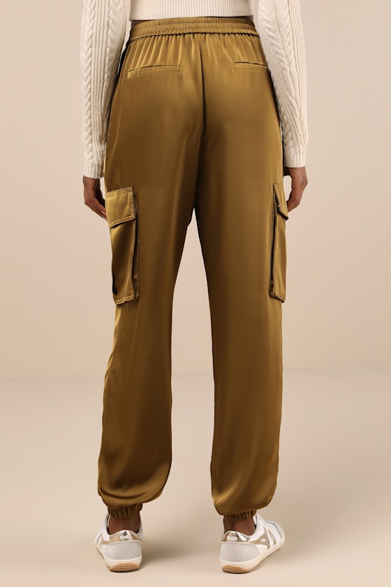 Shop Lulus Chic Dedication Olive Green Satin High-rise Cargo Jogger Pants