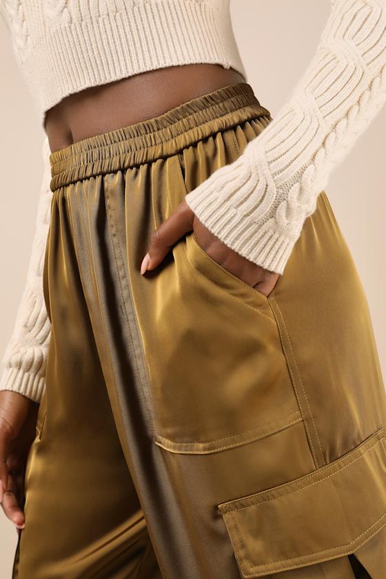Shop Lulus Chic Dedication Olive Green Satin High-rise Cargo Jogger Pants