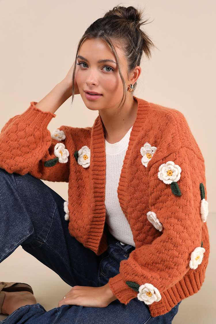 Rust Orange Cardigan - 3D Embroidered Sweater - Open-Front Cardi 