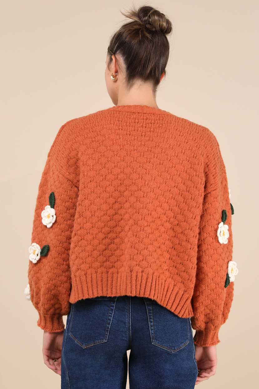 Rust Orange Cardigan - 3D Embroidered Sweater - Open-Front Cardi 