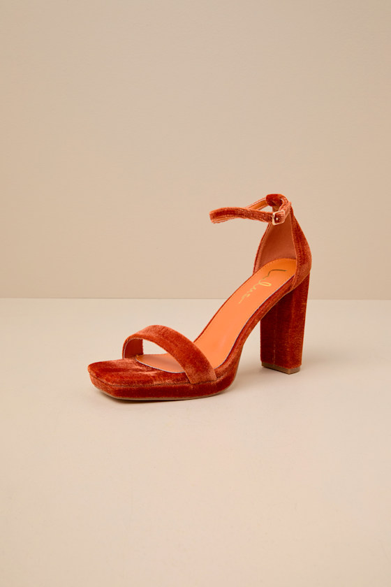 Lulus Signie Rust Velvet Square-toe Platform Ankle Strap Sandals In Orange