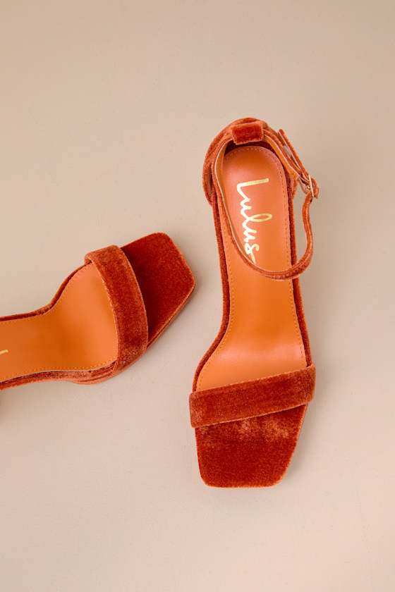 Lulus Signie Rust Velvet Square-toe Platform Ankle Strap Sandals In Orange