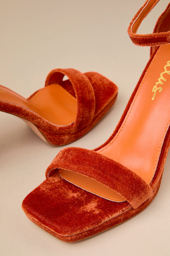 Lulus Signie Rust Velvet Square-toe Platform Ankle Strap Sandals In Orange
