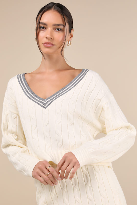 Ivory and Heather Grey Sweater Varsity Sweater V Neck Sweater Lulus