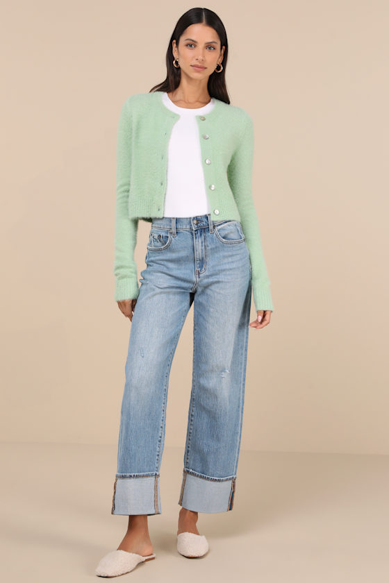 Mint Eyelash Knit Cardigan - Cropped Cardigan - Fuzzy