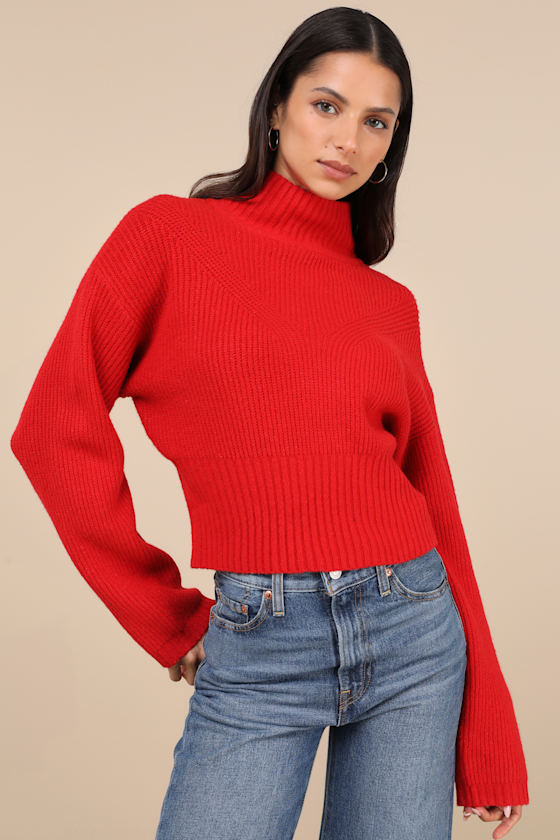 Lulus Snuggly Days Red Cropped Mock Neck Sweater In Red